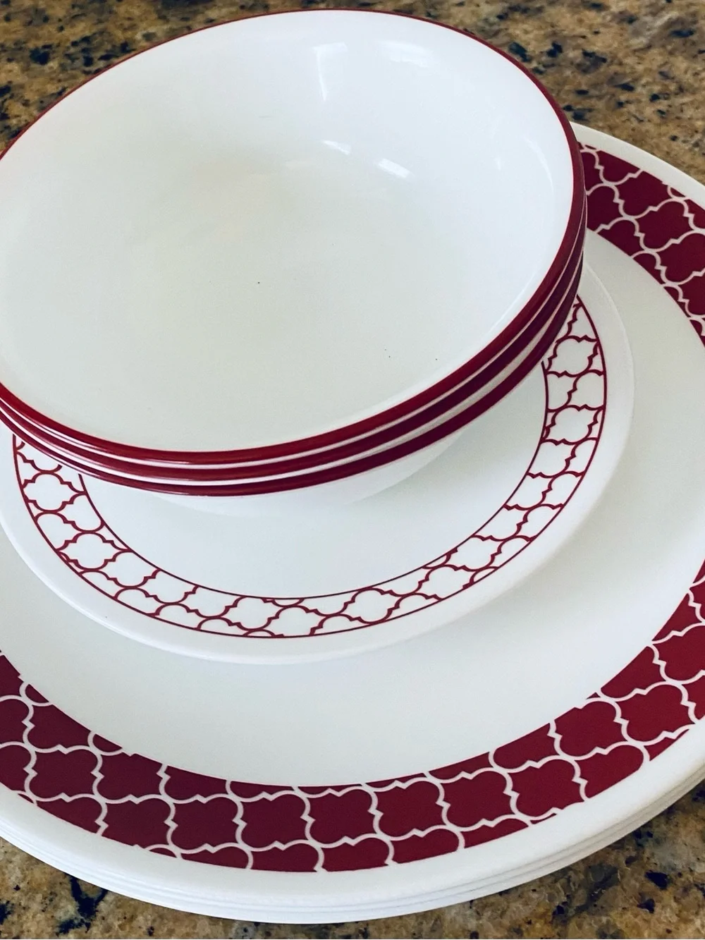 7- Pieces -Corelle Crimson Trellis RedAnd white Dinner Ware Made in the USA